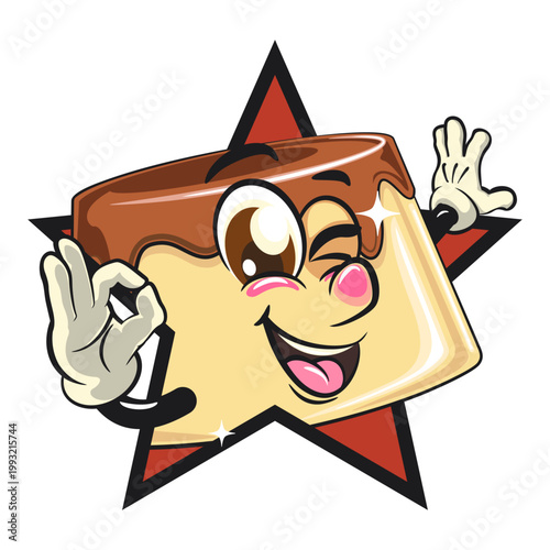 cute caramel pudding mascot character out from of a star by giving an OK sign, dessert cartoon vector illustration isolated, work of hand drawn