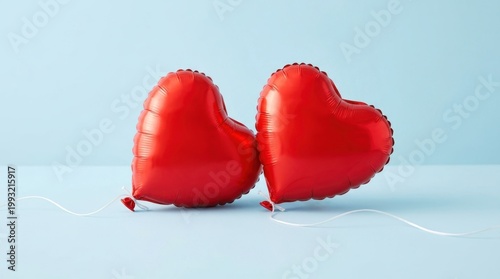 Two Cheerful Red Heart Shaped Balloons Floating on a Light Blue Background for Celebration and Romantic Decor