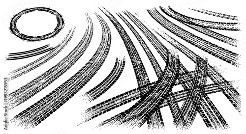 Tire tread marks after skidding, launch, drift, powerslide in motorsport, rally, off-road, motocross. Wheel texture with splash effect. Vector, JPEG version.