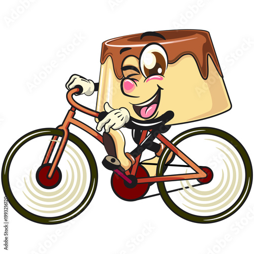 cute caramel pudding mascot character riding a bike with smiling, dessert cartoon vector illustration isolated, work of hand drawn