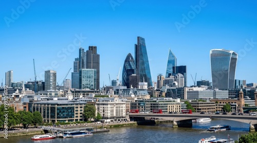 London skyscrapers under a clear blue sky, modern city skyline and business district architecture with clean urban lines, bright daylight, realistic detail, no logos