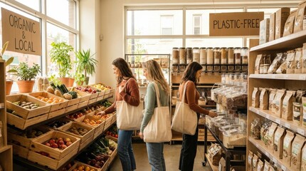 Women shopping in organic supermarket exploring products, healthy lifestyle and sustainable retail concept with fresh produce and natural store atmosphere, realistic detail, no logos
