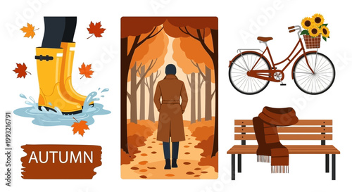 Autumn season lifestyle elements like boots and leaves appear  for seasonal marketing and digital design projects
