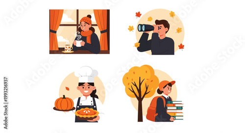Flat design vector illustration of autumn season lifestyle characters enjoying fall activities with warm sunlight in a vibrant outdoor setting