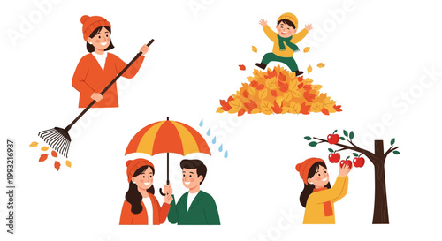 Flat design vector illustration of autumn season lifestyle activities showing people enjoying fall harvest and cleaning outdoors with warm sunlight
