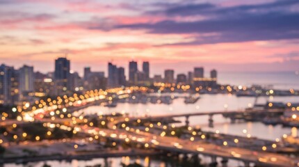 Dreamy cityscape at sunset with pink and orange hues and glowing bokeh lights, blurred urban background for travel or lifestyle design, soft atmosphere, realistic finish, no logos