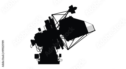 Detailed illustration of a complex machine possibly military in black silhouette