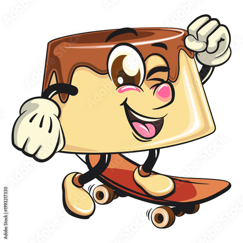 cute caramel pudding mascot character on skateboard with smiling, dessert cartoon vector illustration isolated, work of hand drawn