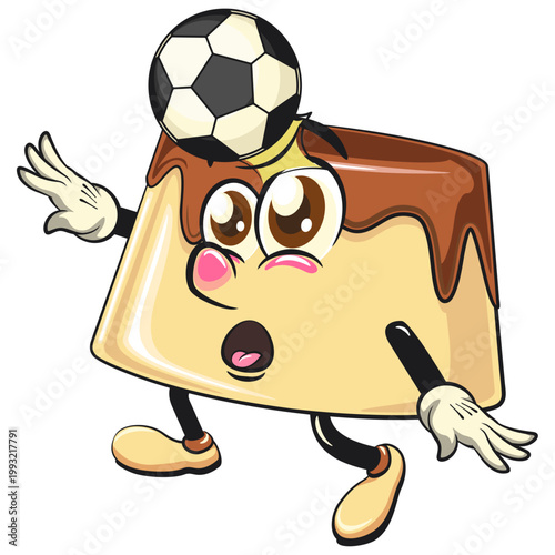 cute caramel pudding mascot character heading a soccer or football, dessert cartoon vector illustration isolated, work of hand drawn