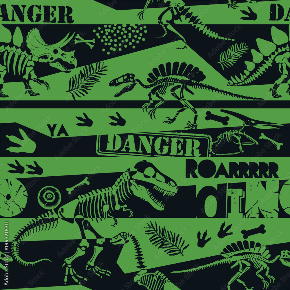 Fototapeta premium Seamless Dino skeleton pattern, print for T-shirts, textiles, wrapping paper, web. Original design with t-rex,dinosaur skeleton. grunge design for boys . 