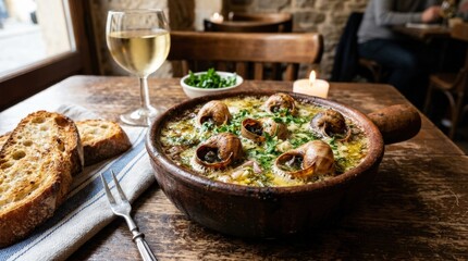 Escargot baked in garlic butter in traditional clay pot, classic French cuisine concept with rustic serving style and rich appetizing texture, realistic detail, no logos
