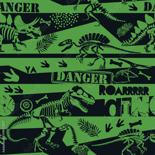 Seamless  Dino skeleton pattern, print for T-shirts, textiles, wrapping paper, web. Original design with t-rex,dinosaur skeleton.  grunge design for boys . 
