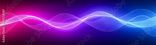 Digital waveform pulses with dual color gradients of pink and blue to symbolize the interconnected nature of data networks and high speed communication within the virtual realm.