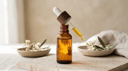 Amber glass dropper bottle with golden liquid, minimalist skincare product shot, clean beauty packaging, luxury serum concept, elegant studio composition, soft shadows, no logos
