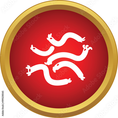 White worm parasites on a red background inside a gold rimmed circular icon