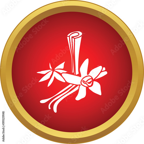 Spices and flavorings icon featuring vanilla bean, flower, and star anise in a red circle