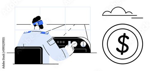 Aviation industry, business profits, economy, pilot career, decision-making, financial planning. Pilot operating cockpit controls with dollar symbol and sky elements. Aviation industry and business