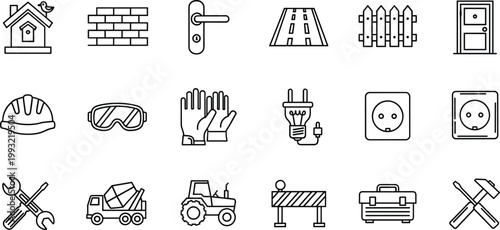 Construction and Home Improvement Line Icon Set Featuring Tools, Safety Equipment, Building Elements, and Infrastructure Symbols Collection Design