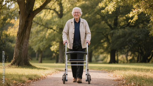 Empowering portrait of a smiling senior man using a modern walker confidently on a sunny park path