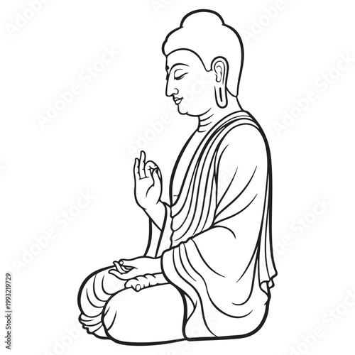Minimalist meditating Buddha line art illustration in lotus position isolated on white background