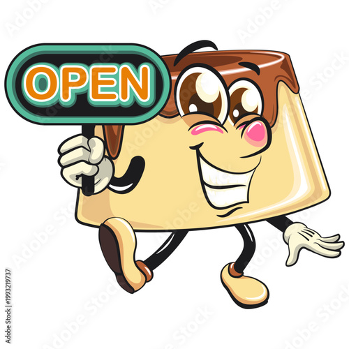 cute caramel pudding mascot character showing a sign that says open, dessert cartoon vector illustration isolated, work of hand drawn