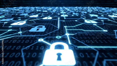 Digital security concept with glowing padlock.