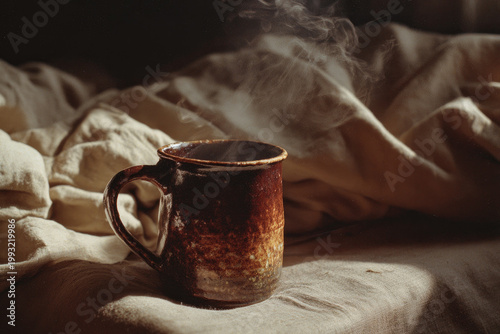 Herbal tea for cramps in rustic ceramic mug with steam rising, placed on soft beige fabric, creating cozy and soothing atmosphere for relaxation and comfort