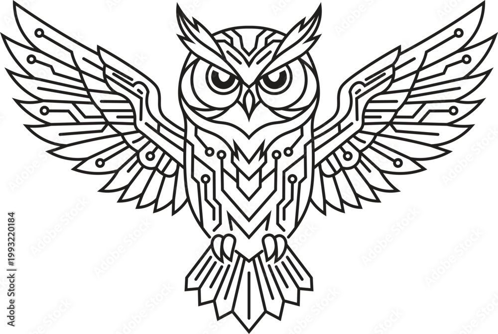 Fototapeta premium Futuristic Owl Line Art with Circuit Wings, Cyber Owl Emblem Vector Design
