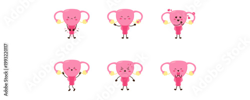 Set of Cute and Kawaii Uterus Illustration with Menstrual Phase Condition for Reproductive Education, Health. Vector Set