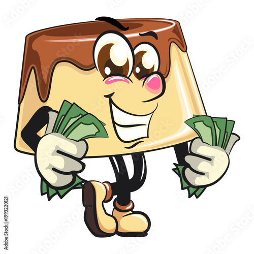 cute caramel pudding mascot character carrying money while smiling, dessert cartoon vector illustration isolated, work of hand drawn
