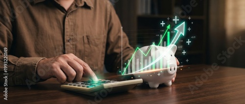 Financial planning action budgeting with a calculator home office setting digital illustration of savings growth focused viewpoint on investment strategy