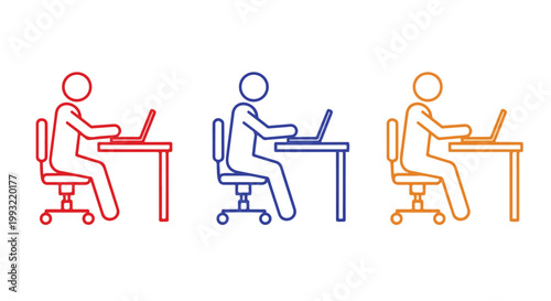 Three people sitting at desks working on laptops in different colored chairs in an office environment