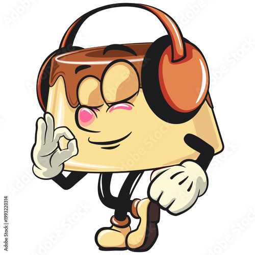cute caramel pudding mascot character listening to headset while dancing, dessert cartoon vector illustration isolated, work of hand drawn