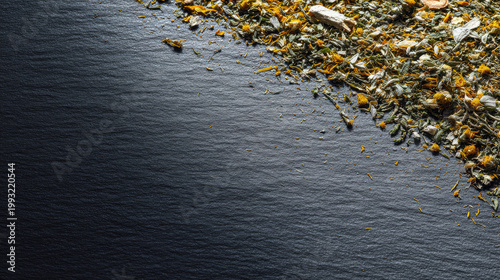 Herbal tea for cramps with dried chamomile and mixed leaves on dark textured background, natural remedy for soothing pain and promoting relaxation in calming setting