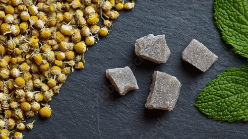 Dried chamomile flower brown sugar cube fresh mint leaf herbal tea ingredient natural remedy close up healthy organic relaxation soothing