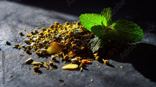 Herbal tea for cramps featuring dried chamomile flowers and fresh mint leaves on dark stone surface, natural remedy for soothing discomfort and promoting relaxation