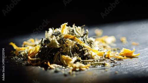 Dried herbal tea blend with yellow flower petals and green leaves, captured in extreme macro on dark background, showing natural texture and vibrant color, evoking calmness and wellness