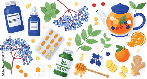 Herbal Medicine and Natural Remedies Vector Illustration with Plants, Supplements, Honey, Fruits, and Tea for Wellness Designs