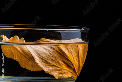 Herbal tea for cramps in clear glass cup with dried flower petal steeping in water, natural remedy concept on black background
