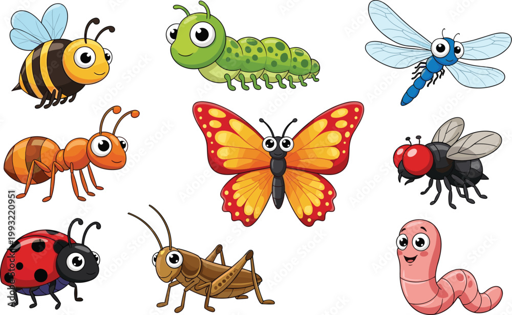 Fototapeta premium Cute Cartoon Insects and Animals Set with Bee, Ant, Butterfly, Dragonfly, Worm, Ladybug, and More for Kids' Designs