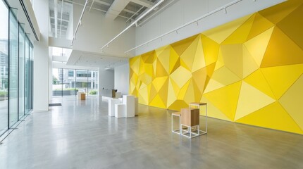 Yellow geometric background with light and shadow, bright modern brand display showroom, minimal empty interior scene for product placement, no logos