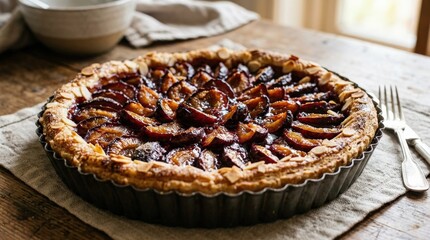 Close up of a plum tart with a golden crust and juicy filling, baked dessert concept with rich fruit texture and artisan pastry appeal, soft light, realistic food detail, no logos
