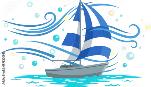 Symmetrical Sailing Boat and Sea Breeze Flat Design