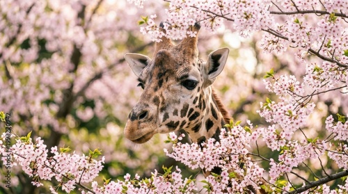 Giraffe head portrait surrounded by pink cherry blossom flowers, dreamy spring wildlife scene with soft bokeh background, gentle natural beauty, realistic detail, no logos