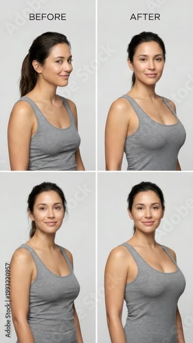 Woman in a studio presents her body transformation before and after breast enhancement surgery