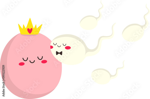 Cute and Kawaii Character Fertilization Sperm Egg Cell for Concept Education. Vector Isolated