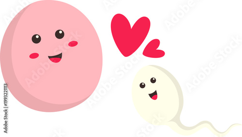Cute and Kawaii Character Fertilization Sperm Egg Cell for Concept Education. Vector Isolated