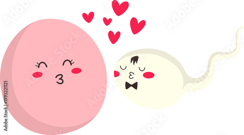 Cute and Kawaii Character Fertilization Sperm Egg Cell for Concept Education. Vector Isolated