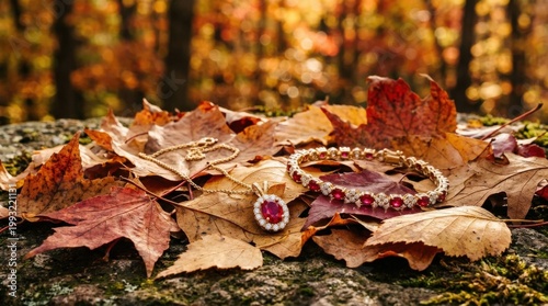 Red gemstone and diamond gold jewelry on textured autumn leaves, luxury accessory concept with rich seasonal color and elegant sparkle, soft bokeh, refined realistic detail, no logos