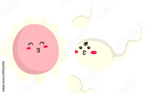 Cute and Kawaii Character Fertilization Sperm Egg Cell for Concept Education. Vector Isolated